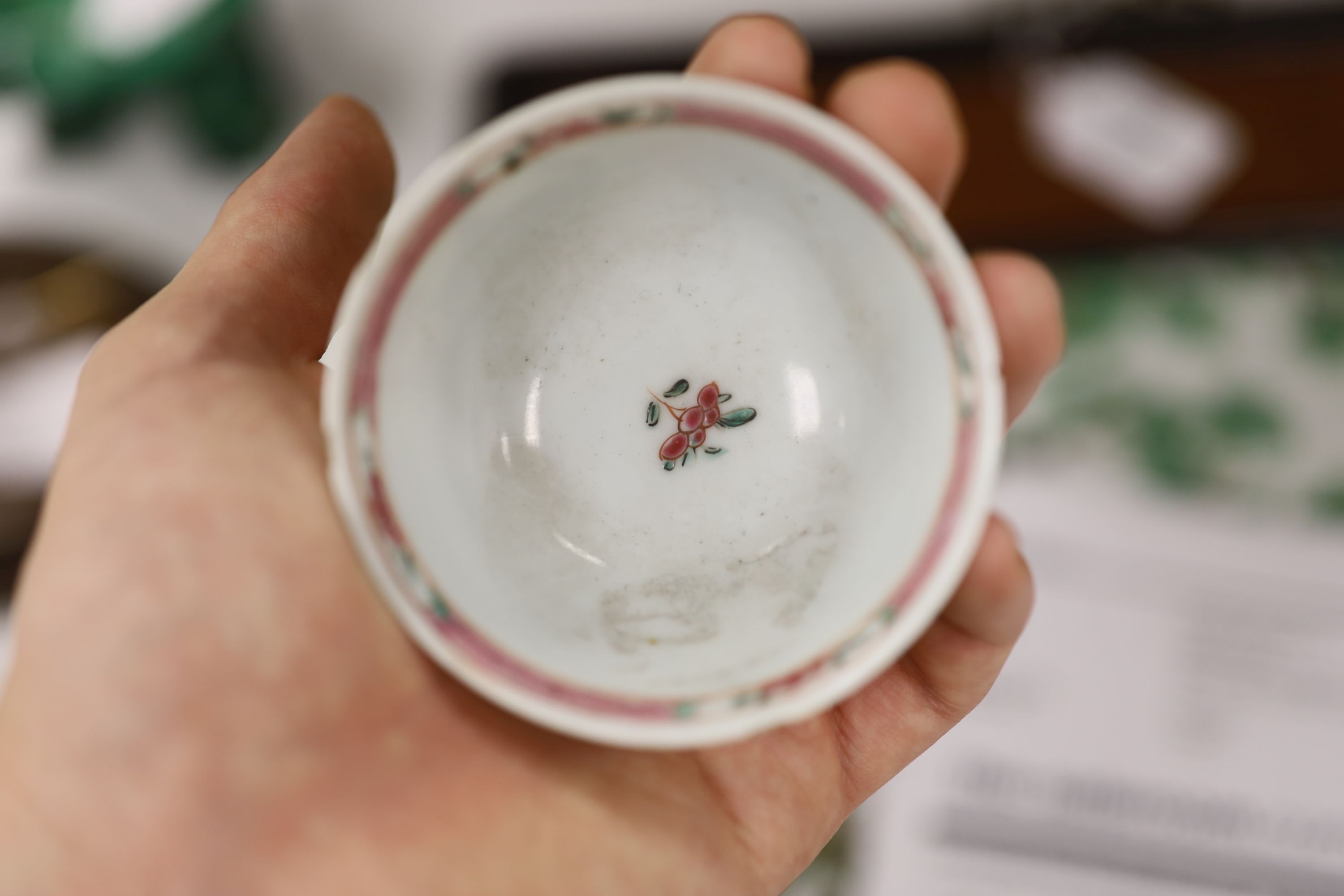 Three 18th century Chinese famille rose or Imari tea bowls together with five saucers